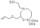 1,1-Dimethoxy-5-(2-ethoxyethyl)-3-allyloxymethyl-2-oxa-5-aza-1-silacyclooctane 구조식, C15H31NO5Si