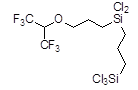 [3-{3-(1,1,1,3,3,3-Hexafluoroisopropoxy)propyl}dichlorosilylpropyl]trichlorosilane 구조식, C9H13Cl5F6OSi2