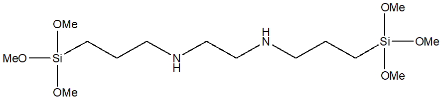 N,N’-Bis[(3-trimethoxysilyl)propyl]ethylenediamine 구조식, CAS 68845-16-9, C14H36N2O6Si2